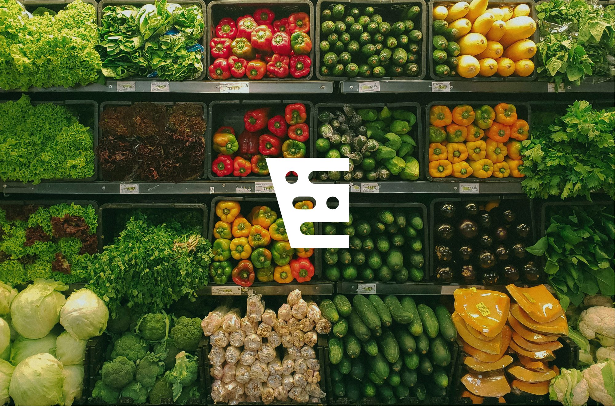 Basket logo mark over a grocery store produce section